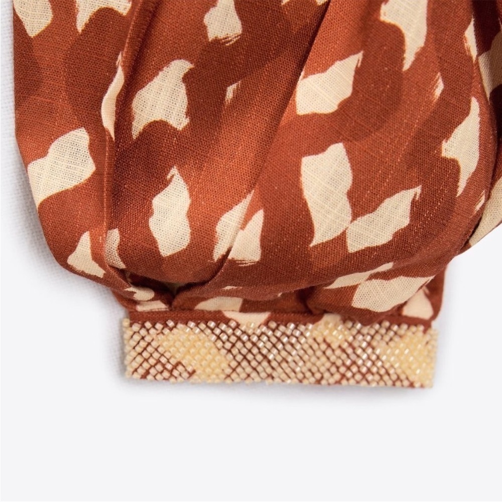 Zara Linen Blend Printed Wrap Crop Top Terracotta And Cream side zip closure NWT - Picture 3 of 10